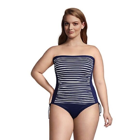 Land’s End Plus Bandeau tankini top with removable straps Navy stripe Various - Picture 4 of 8